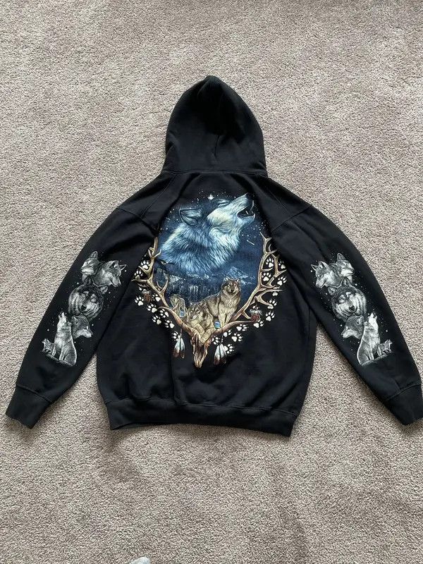 Japanese Brand × Vintage Vintage 90s All Over Wolf Graphic Zip-Up Hoodie Size US S / EU 44-46 / 1 - 2 Thumbnail