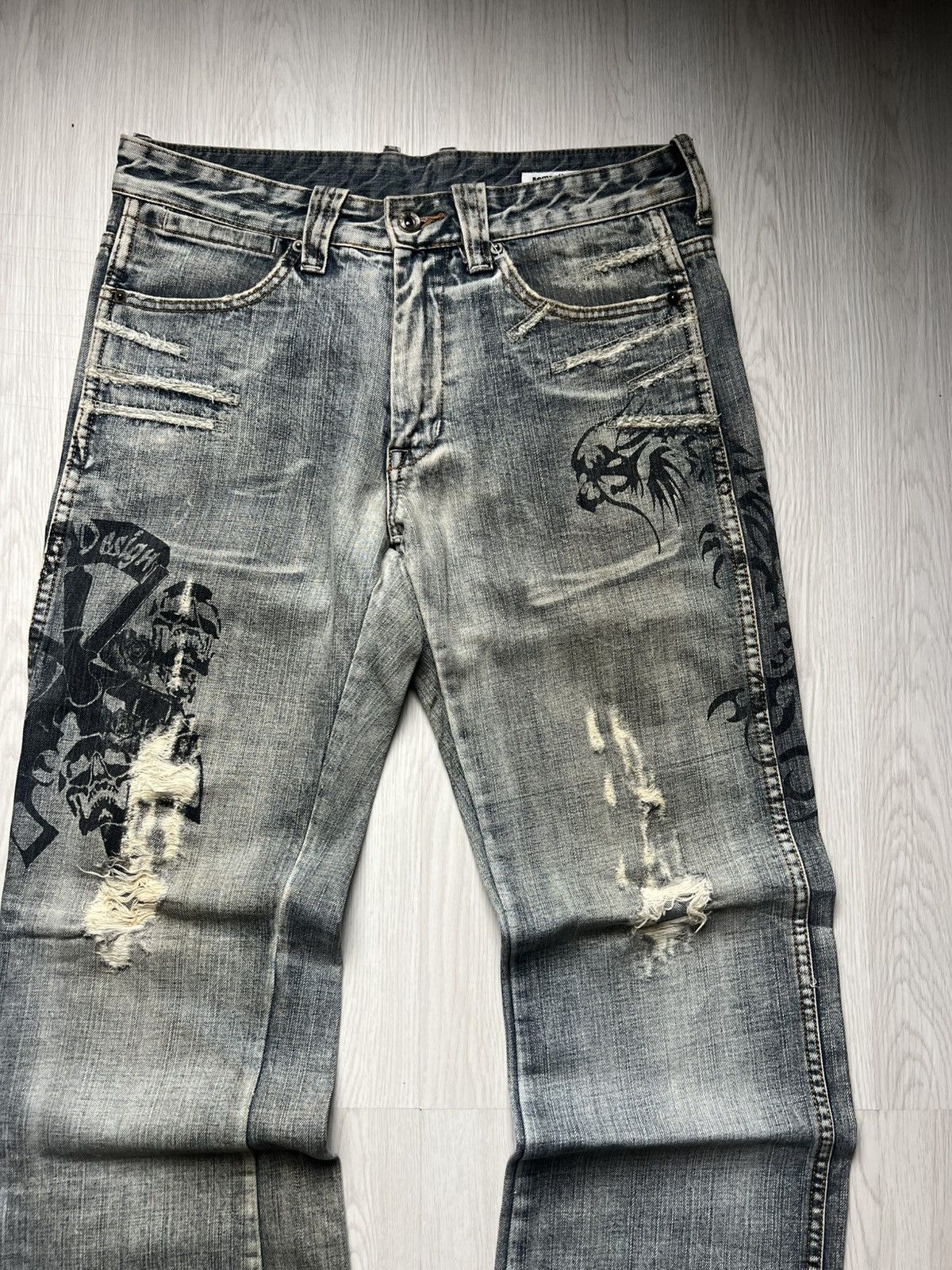 If Six Was Nine Semantic Design Tribal Tatto Printed Destroyed Flare Jeans Size US 32 / EU 48 - 3 Thumbnail