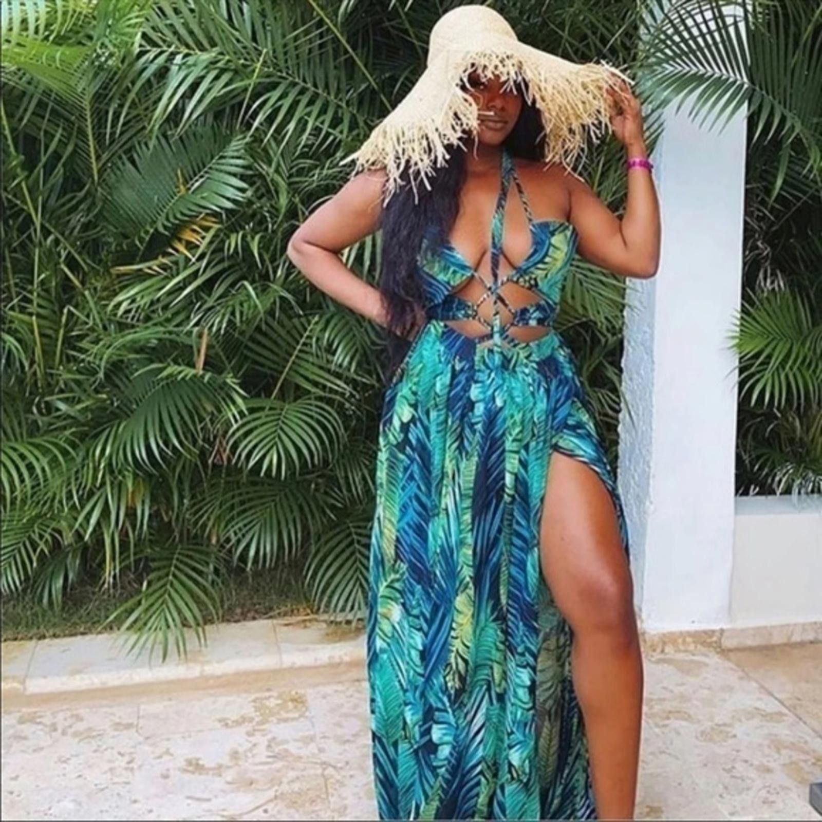Designer Palm Tree Maxi Dress Side Slit Coord Set NWT Size M / US 6-8 / IT 42-44 - 3 Thumbnail