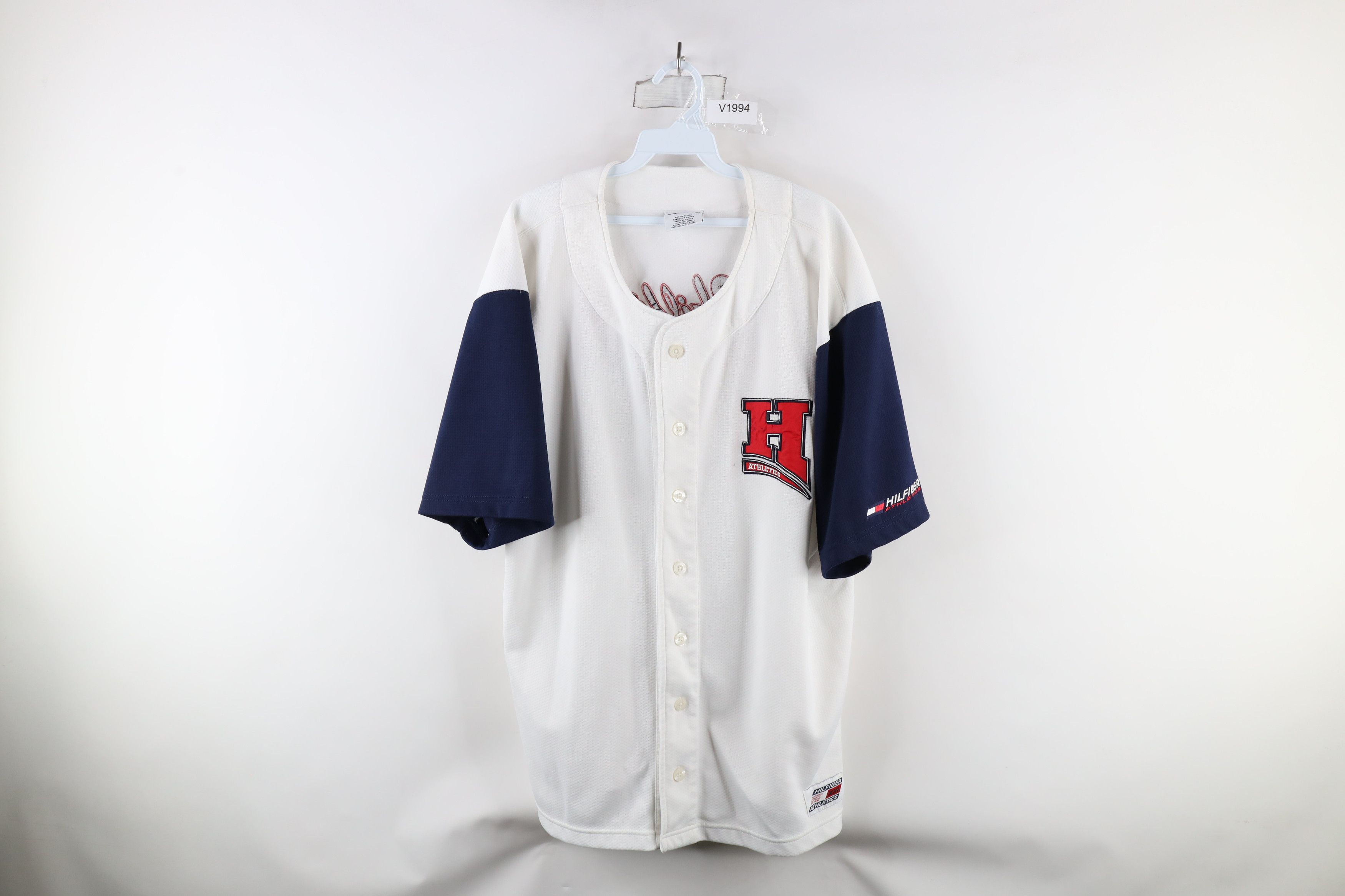 Tommy Hilfiger × Vintage Vintage 90s Tommy Hilfiger Spell Out Baseball Jersey White Size US L / EU 52-54 / 3 - 1 Thumbnail