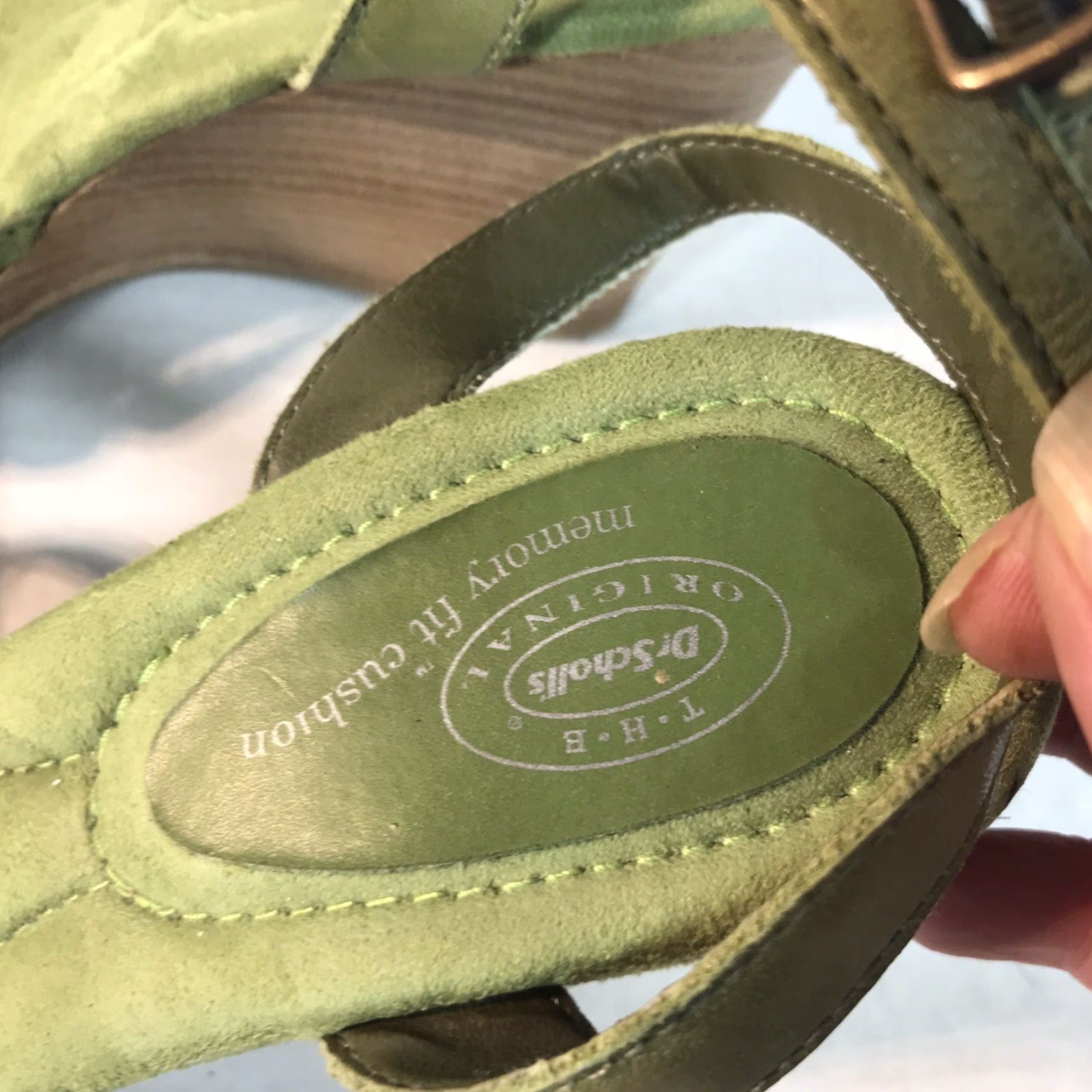 Vintage Dr. Scholl's Embrace Green Leather Strappy Wedge Sandals Womens Size 6M Size US 6 / IT 36 - 2 Thumbnail
