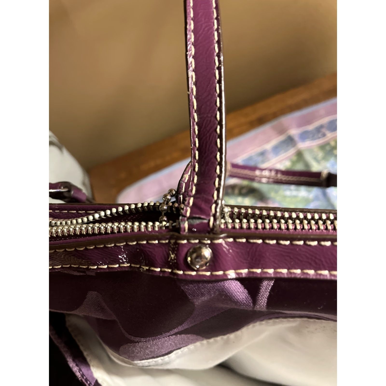 Coach VINTAGE Coach 1941 Leather Trim Canvas Shoulder Bag Women Medium Purple Signature Stripe Zip-Closure Size ONE SIZE - 6 Thumbnail