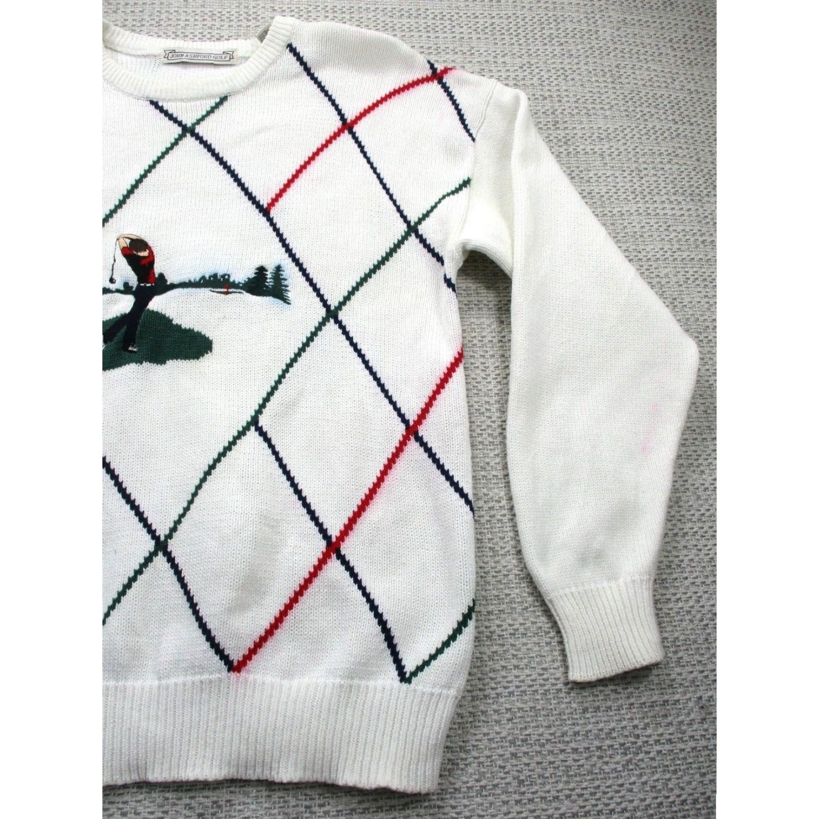 Etro VTG 90s John Ashford Golf Sweater Mens Regular Medium White Argyle Knit Pullover Crew Neck All Seasons Heavyweight ZIP? Size US M / EU 48-50 / 2 - 4 Thumbnail
