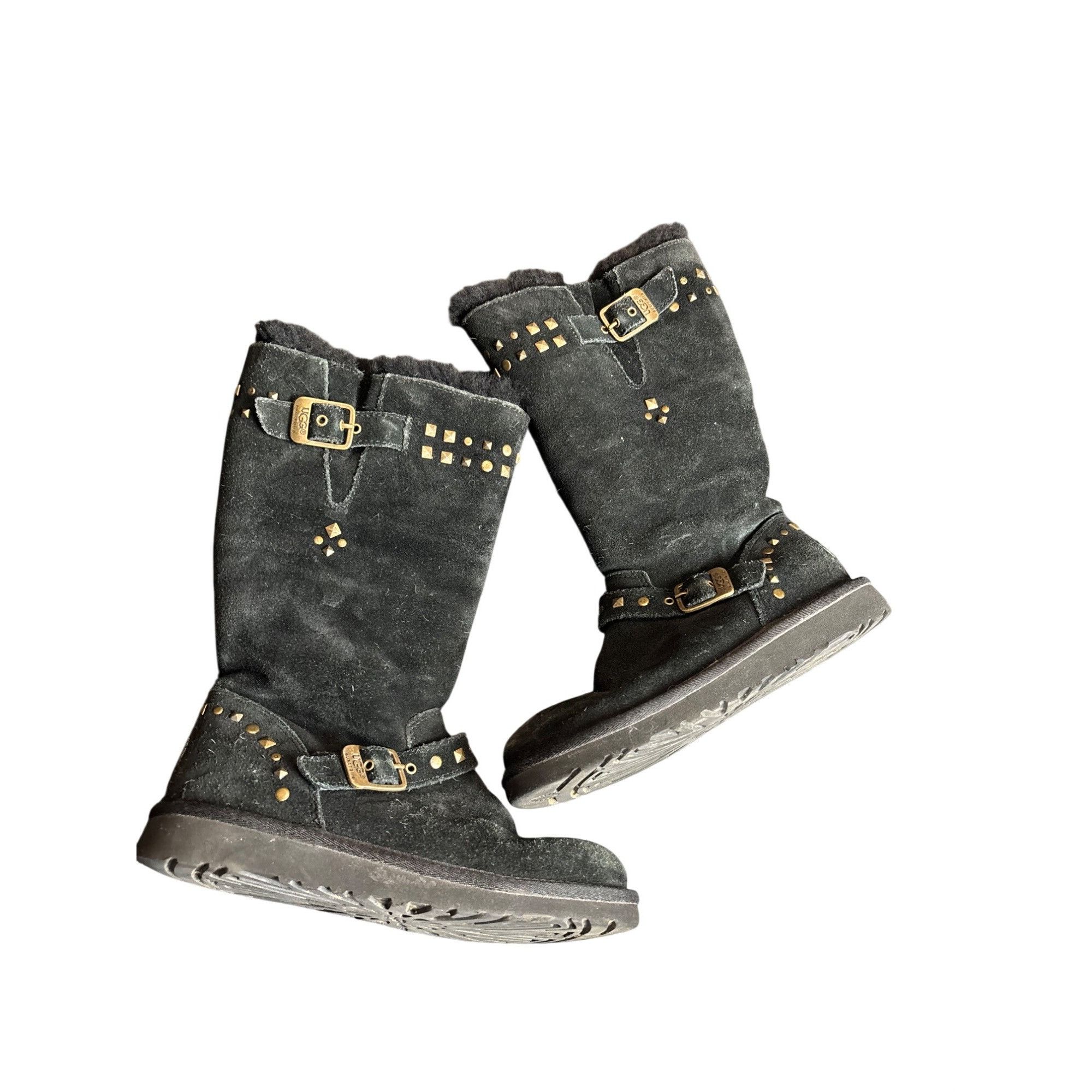 Ugg Ugg Black Suede Mid-Calf Boots With Shearling Lining & Gold Size US 4 / IT 34 - 1 Thumbnail