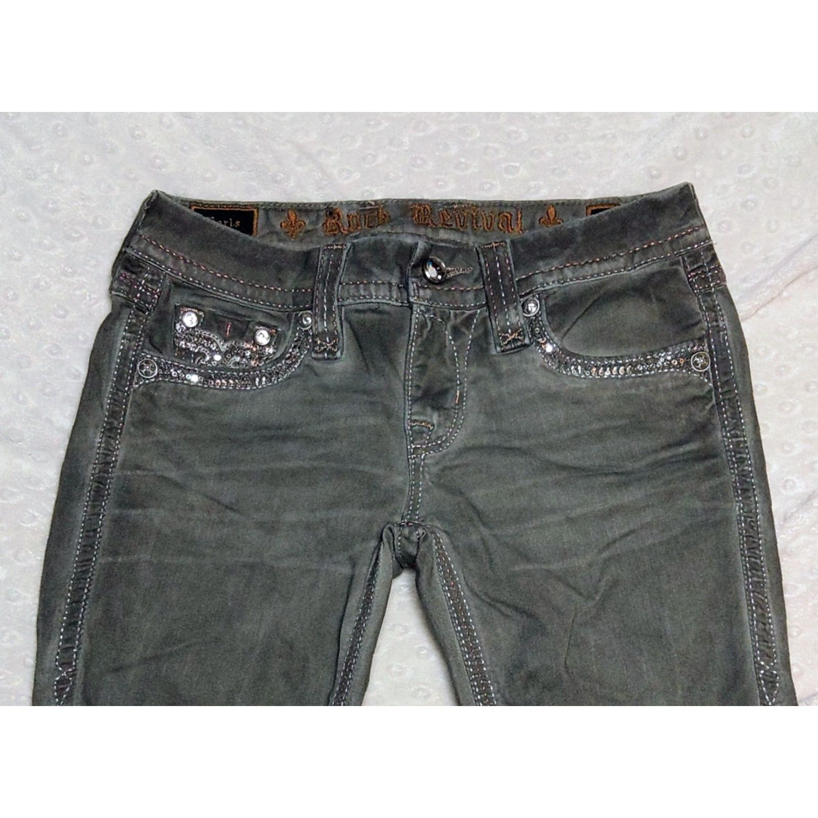 Vintage Rock Revival Jeans 25x27 Grey Boris Cotton Blend 5-Pocket Embroidered Rhinestone Cropped Slim Skinny Crop Denim Women Size 42" / US 20 - 4 Thumbnail