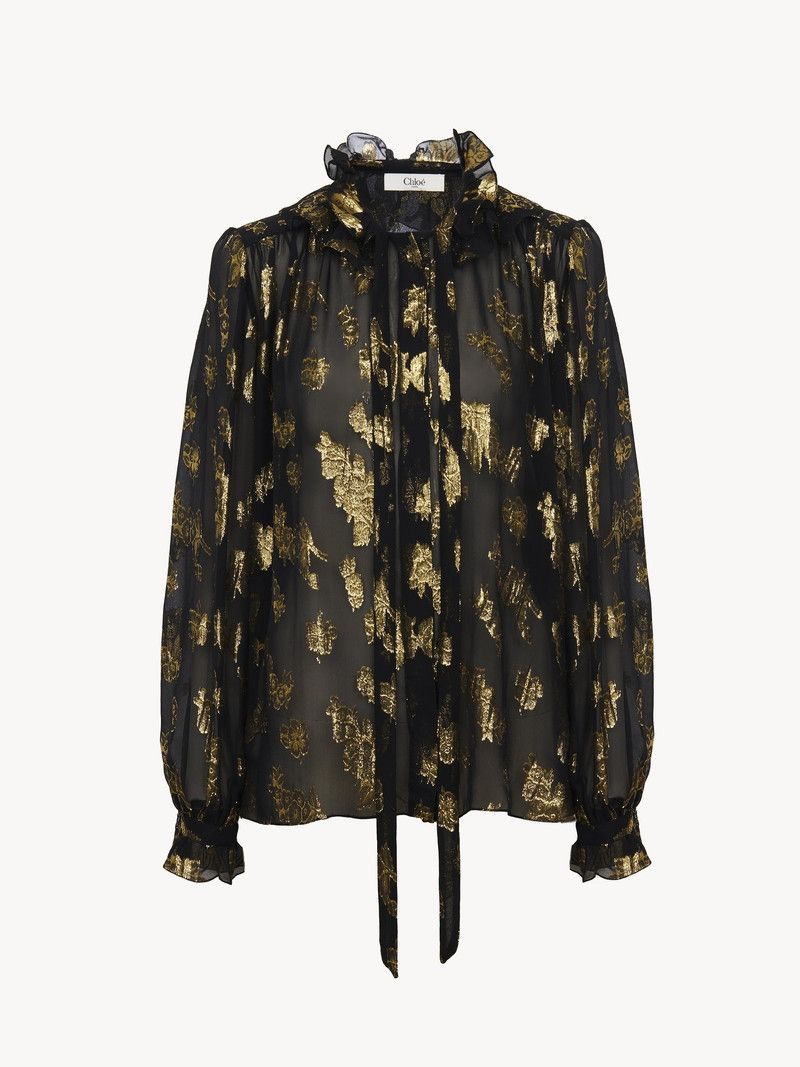Chloe o1loc1c11125 Gathered Blouse in Black/Gold Size M / US 6-8 / IT 42-44 - 1 Thumbnail