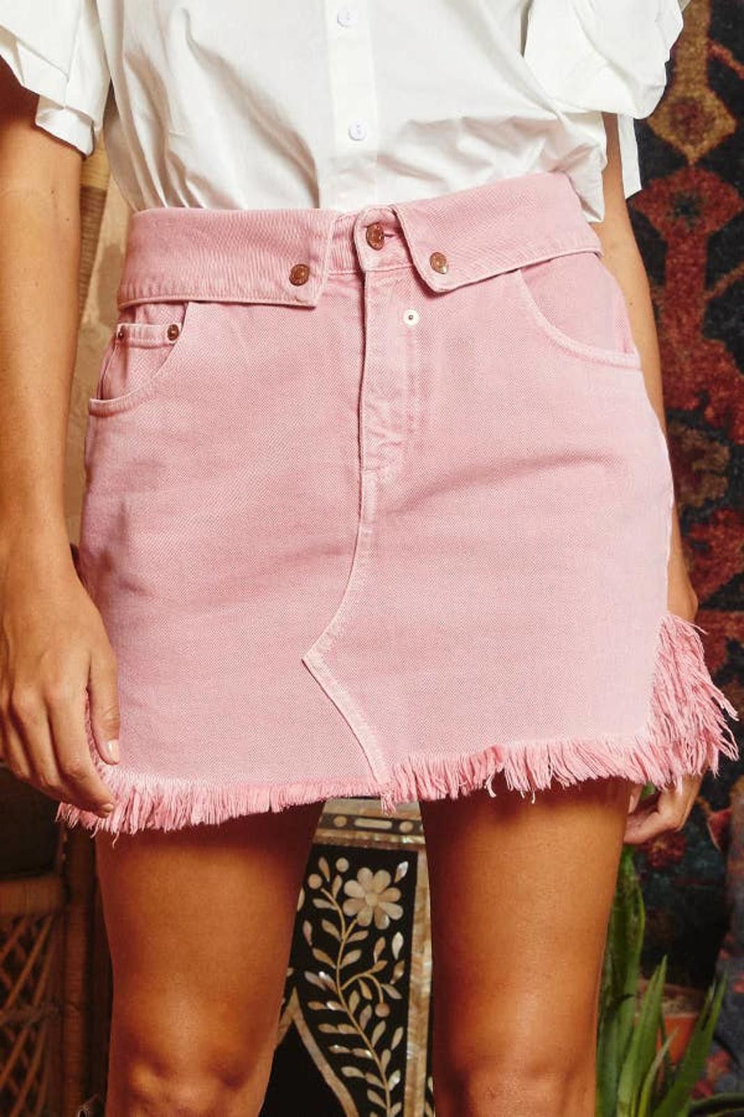 Other Pink Folded Waistband Raw Edge Hem Denim Mini Skirt Size 28" / US 6 / IT 42 - 1 Thumbnail