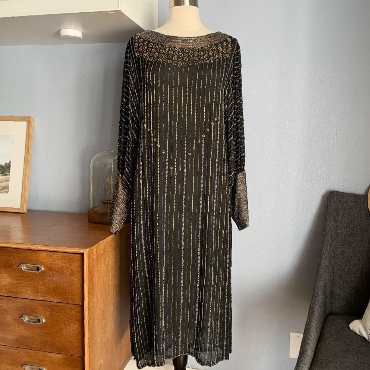 Vintage VINTAGE Sistermax Beaded Striped Silk Shift Dress Midi Deco S Size S / US 4 / IT 40 - 2 Thumbnail