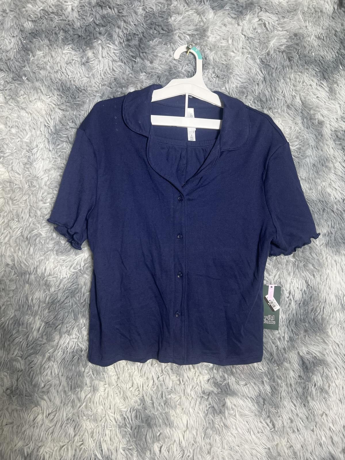 Other Wild Fable Navy Blue Button-Up Short Sleeve Top Size Small Size S / US 4 / IT 40 - 1 Thumbnail