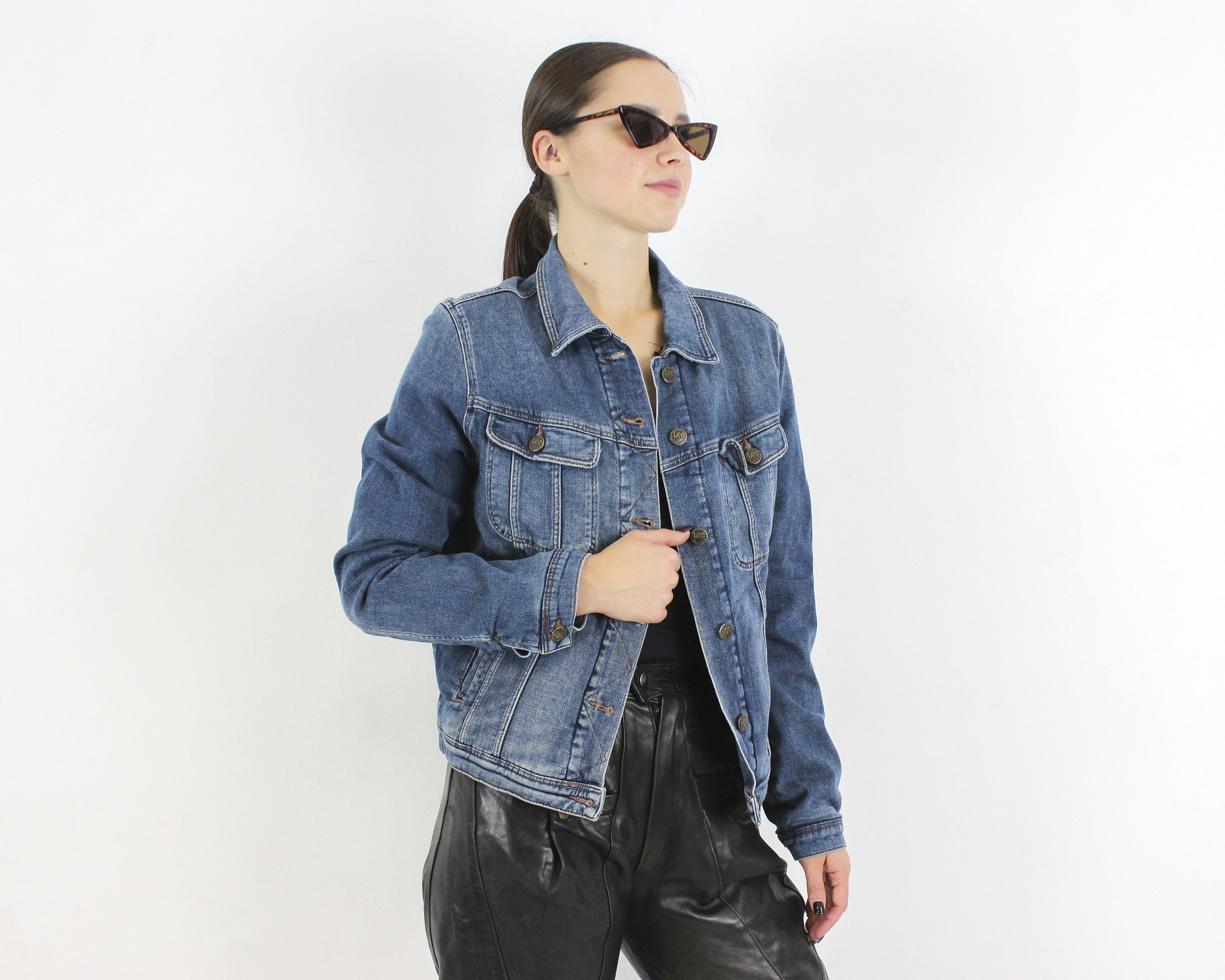 Lee × Vintage Women L Denim Jacket Blue Top Jean Blazer Padded Button Up Size L / US 10 / IT 46 - 2 Thumbnail