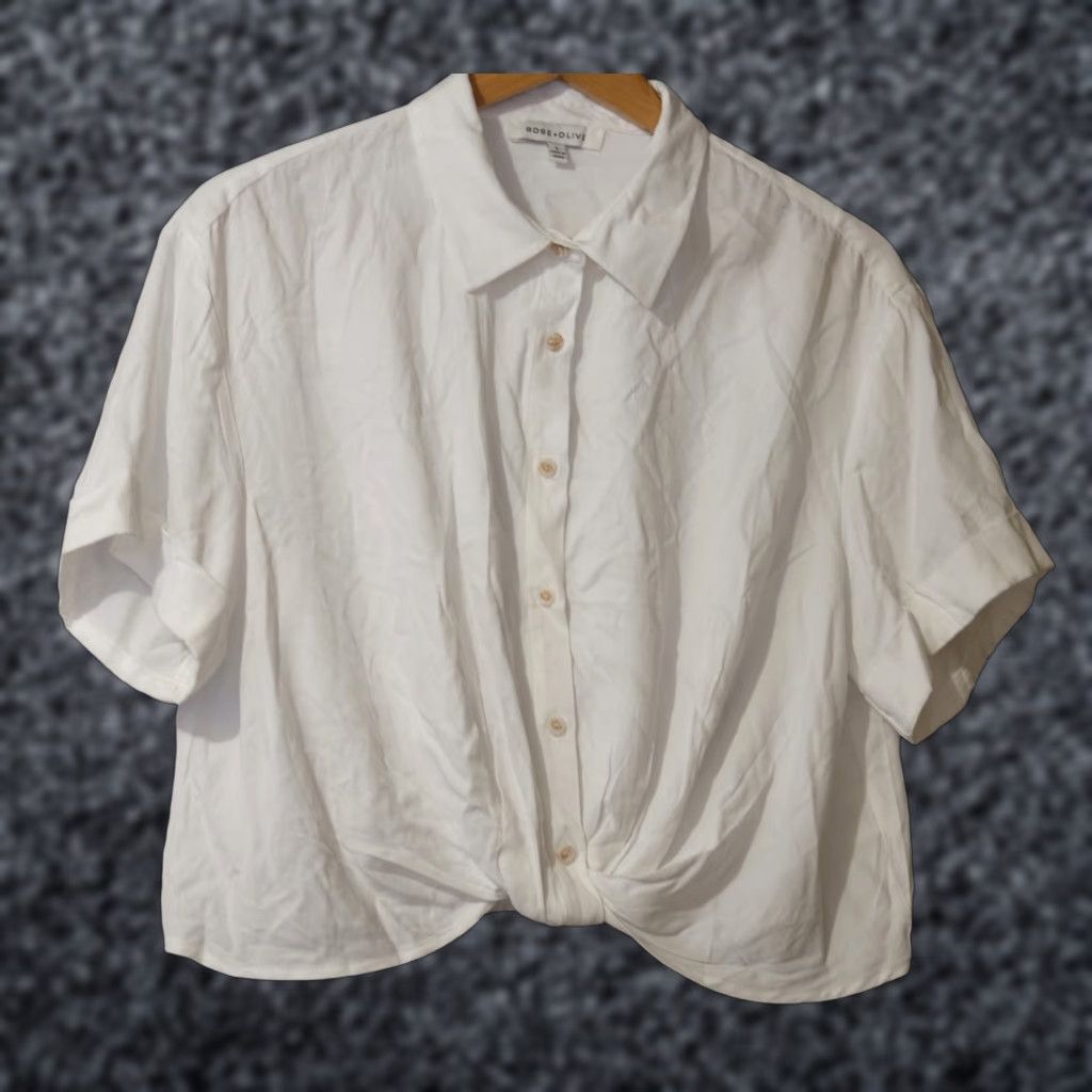 Vintage Rose & Olive White Button Blouse Collared Twist Front Women's L #H90-37 Size L / US 10 / IT 46 - 1 Thumbnail