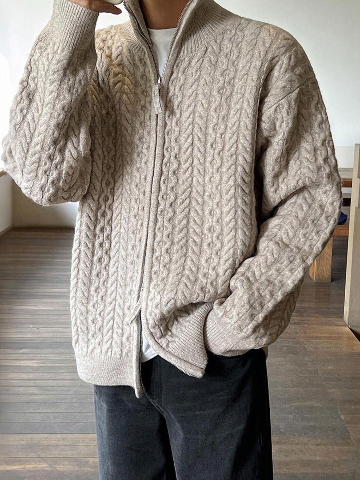 Other Beige Cable Knit Zip-Up Sweater, Relaxed Fit Sweater Size US M / EU 48-50 / 2 - 1 Thumbnail