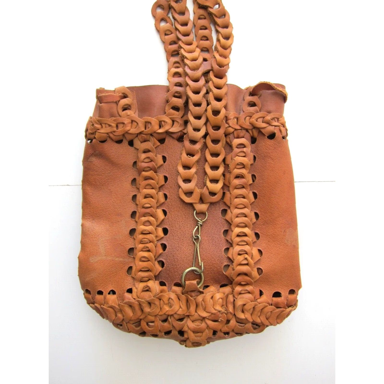 Vintage Vintage Handmade 100% Leather Tan Brown Braided Satchel Shoulder Tote Bag Purse Size ONE SIZE - 6 Thumbnail