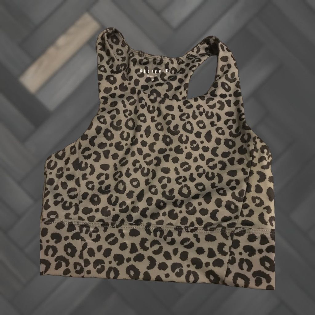 Vintage ALLFENIX Sports Bra Womens Medium Gray Leopard Print Sports Bra Racerback Pullover Full Coverage Flexible Gym & Training Activewear Size ONE SIZE - 1 Thumbnail