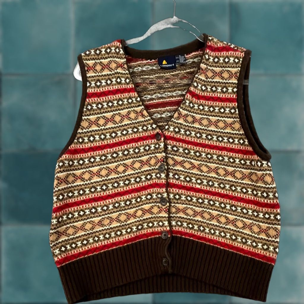 Vintage VINTAGE Lizsport Vest Red Brown Patterned Festive Knit S Women Size S / US 4 / IT 40 - 1 Thumbnail