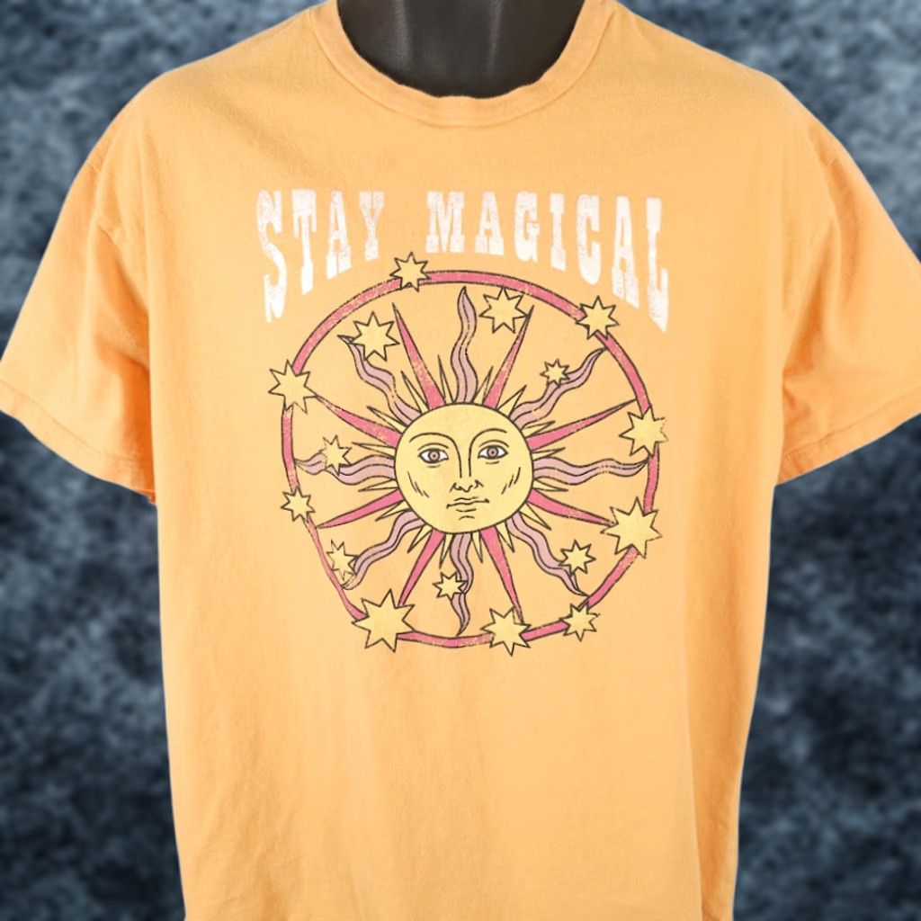 Vintage Mighty Fine Sun Celestial T Shirt Mens Large Orange Stars Shirt Men Size US L / EU 52-54 / 3 - 1 Thumbnail