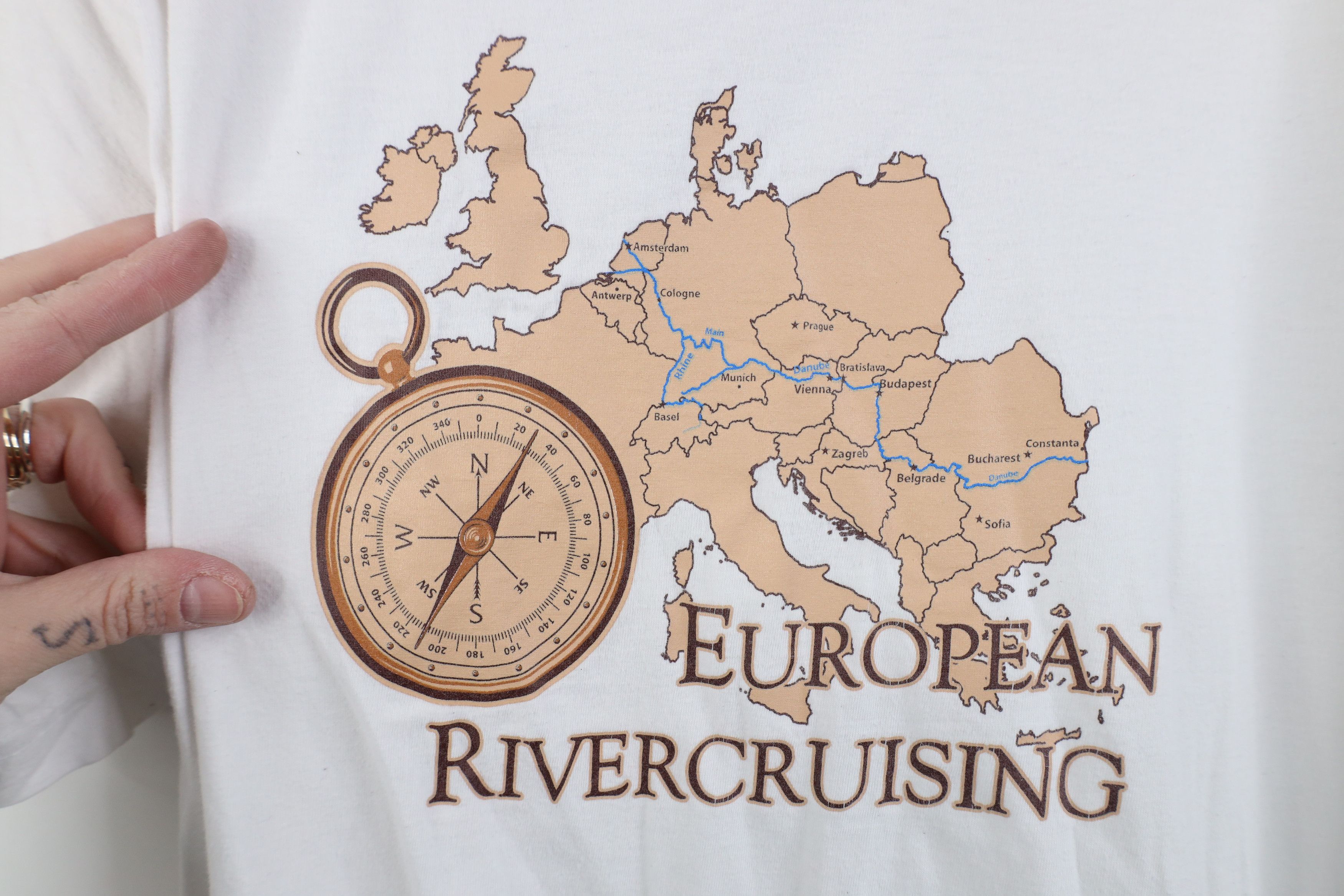 Vintage Vintage 90s European River Cruising Map T-Shirt White Cotton Size XL / US 12-14 / IT 48-50 - 4 Thumbnail