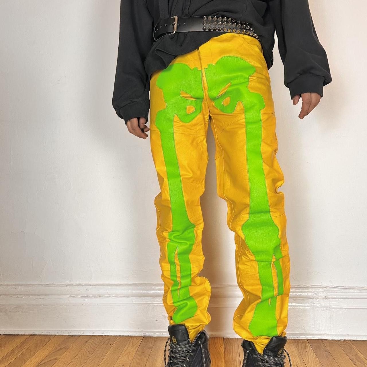 Vintage Seeking Green/Yellow Skeleton Leather Biker Pants - 36x36" Size US 36 / EU 52 - 3 Thumbnail