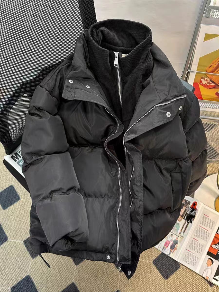 image of Vintage Black Stand-Up Collar Thickened Fake Two-Piece Down Jacket, Men's (Size Medium)