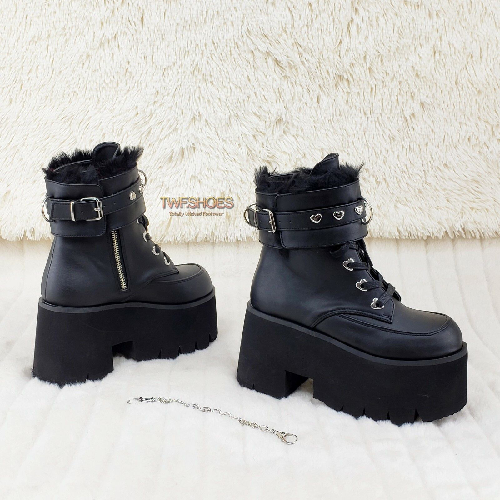 Other Ashes 57 Black Heart Studs 3.5" Platform Goth Boots Fur Line Size US 7 / IT 37 - 4 Thumbnail