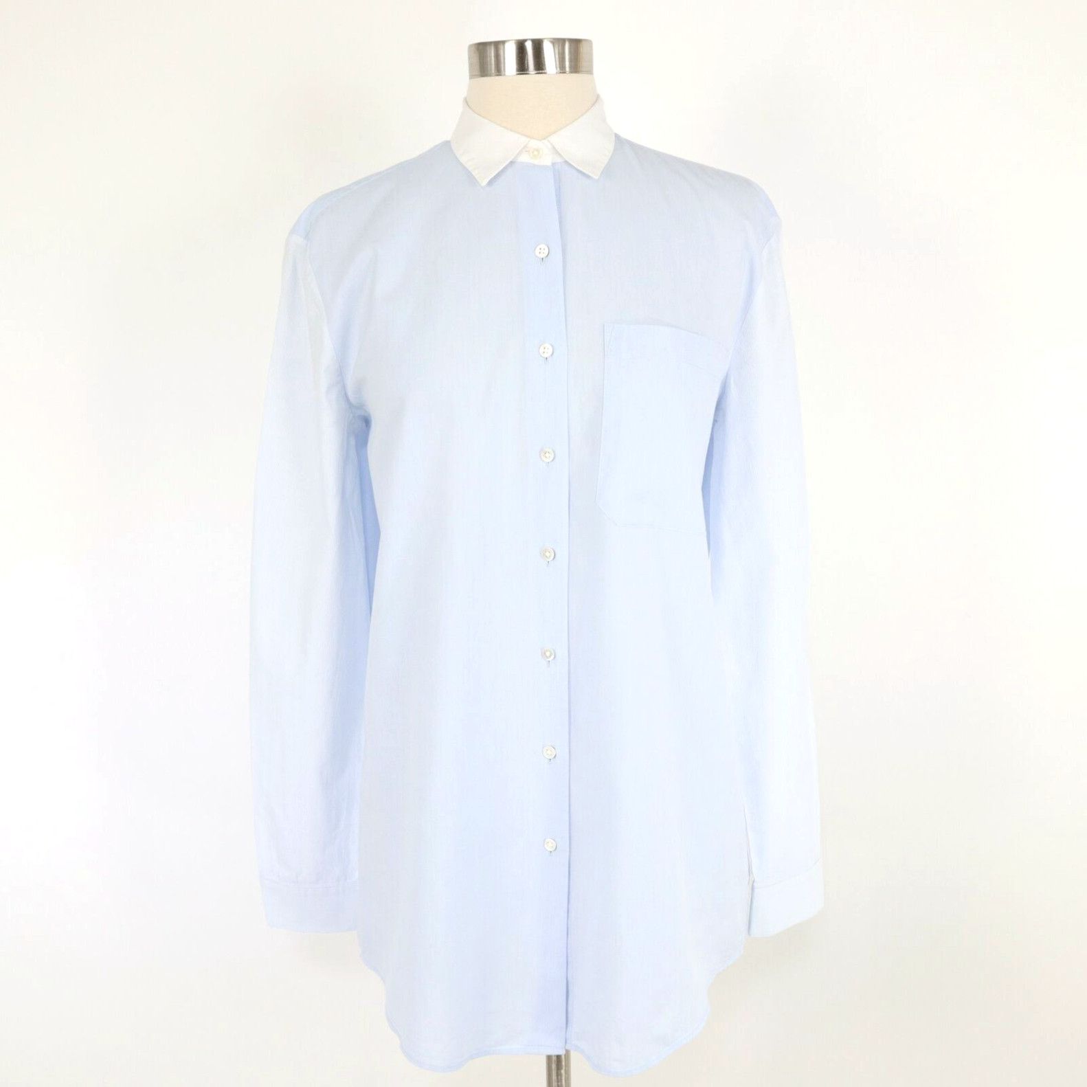 image of Vintage Atm Button-Up Shirt Blouse Top Womens Xs Light Blue White Collar Pinstripe