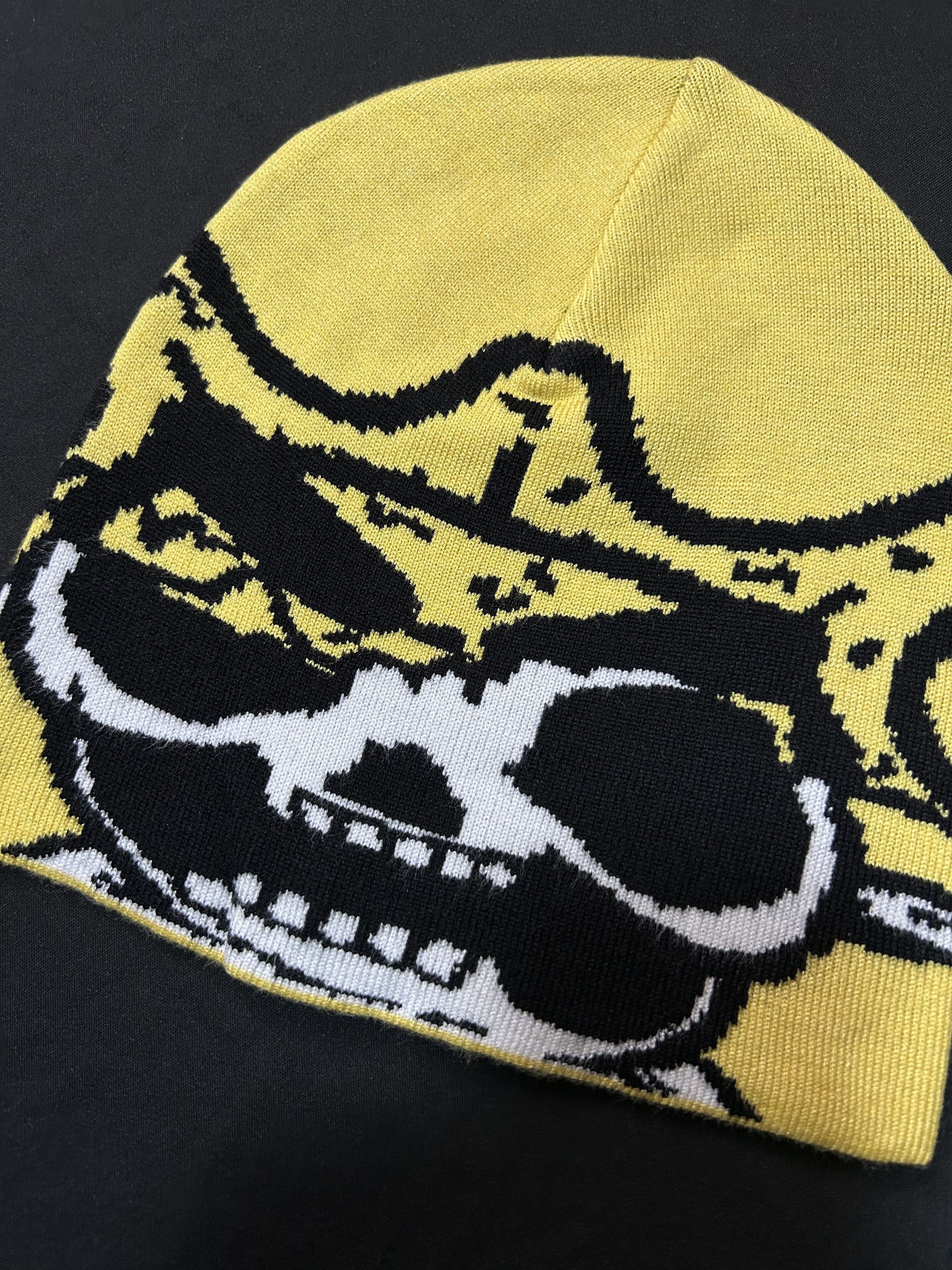Japanese Brand Rare Glo Skull Graphic No Cuff Knit Yellow Beanie Hats OS Size ONE SIZE - 4 Thumbnail