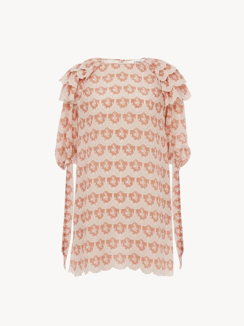 Chloe o1loc1c11125 Puff-sleeve Mini Dress in Beige/Pink Size S / US 4 / IT 40 - 1 Thumbnail