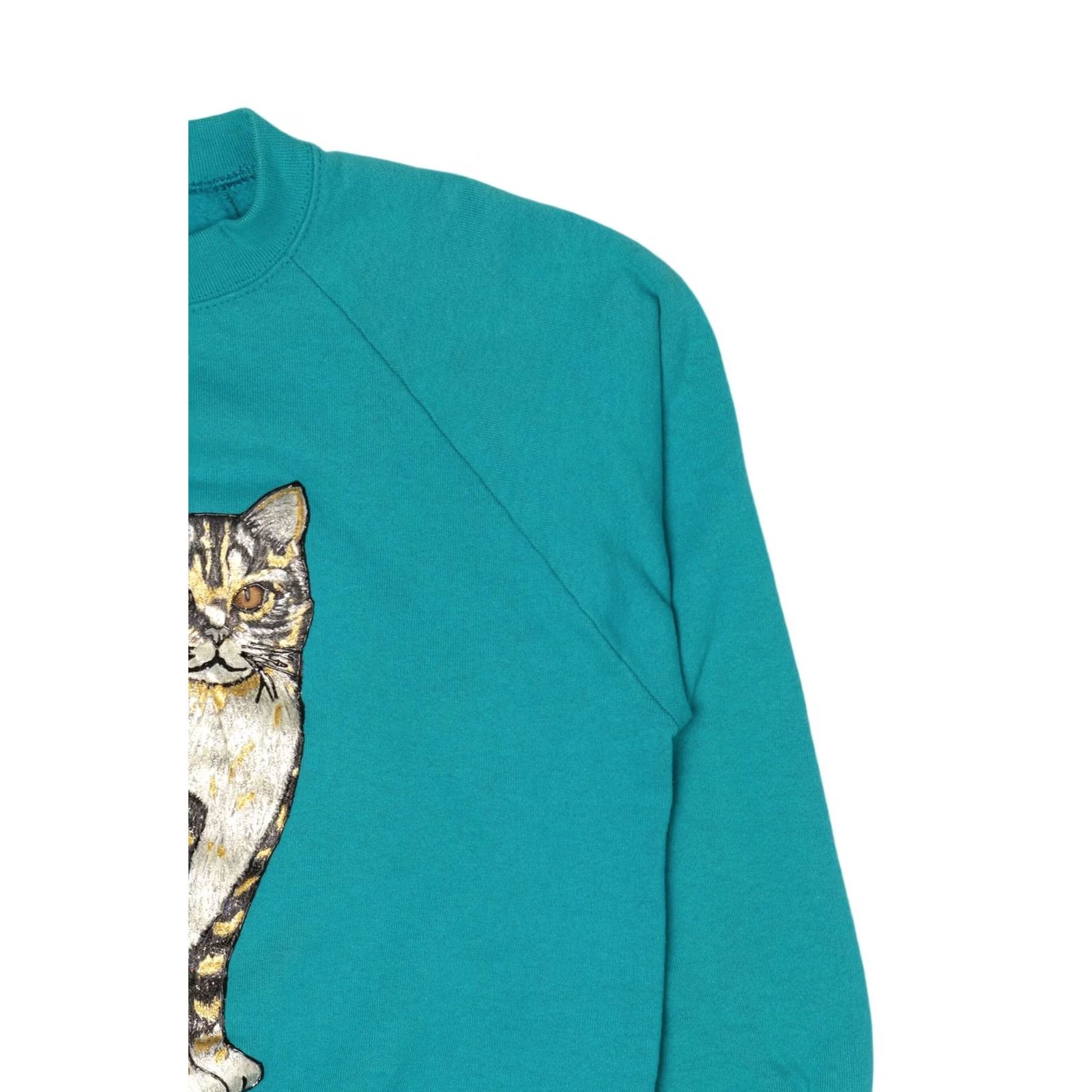 Fruit Of The Loom VINTAGE Hand Painted Cat Raglan Sweatshirt Large Turquoise Blue 1990s Mens Womens Girls Boys Fruit of the Loom USA Cotton Polyester Size US L / EU 52-54 / 3 - 7 Thumbnail