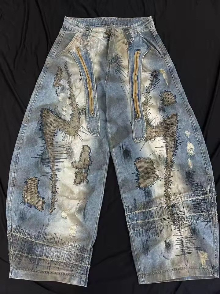 Jean Patchwork Streetwear Washed Embroidery Printed Dirty Jeans Size US 30 / EU 46 - 2 Thumbnail