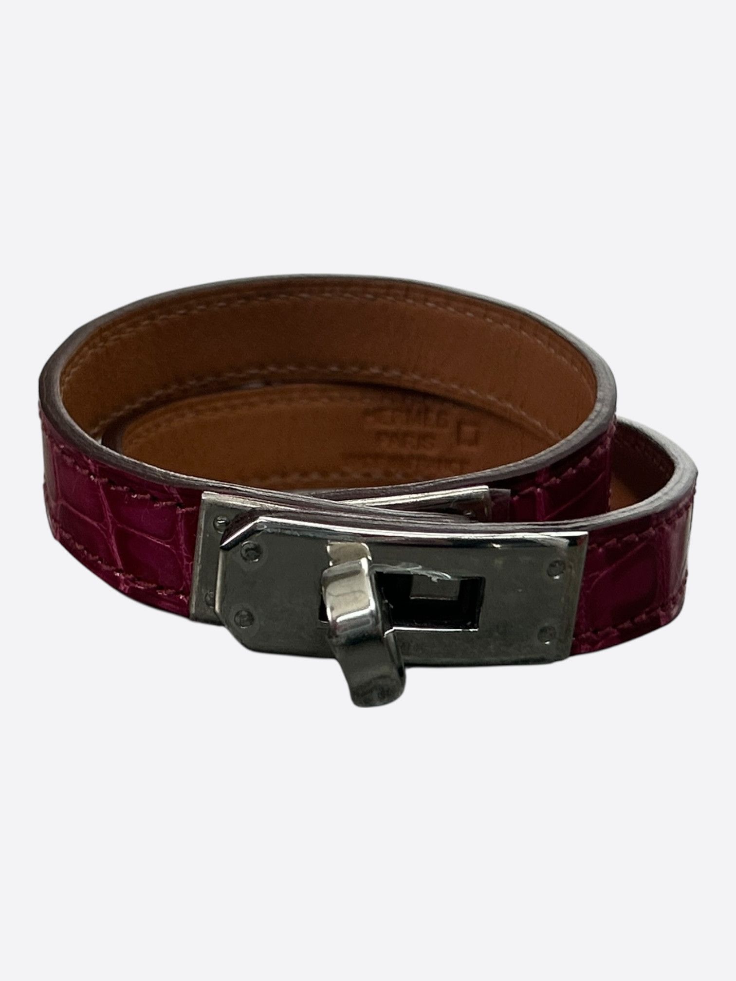 Hermes Purple Croc & Palladium Hardware Kelly Double Tour Bracelet Size ONE SIZE - 1 Thumbnail