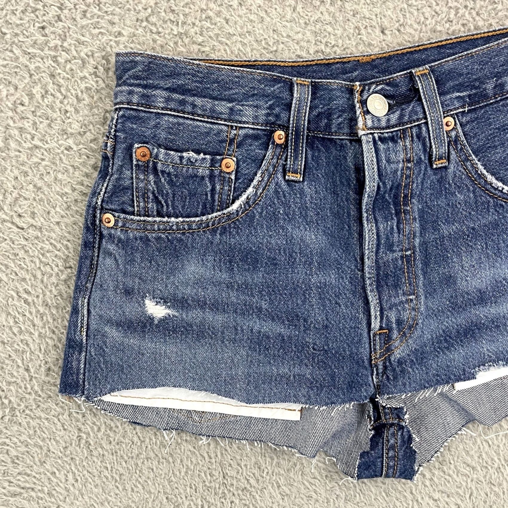 Levi's Levi's 501 Jean Shorts Womens 24 Blue Button Fly Cut Off Distressed Denim Cotton Size 42" / US 20 - 3 Thumbnail