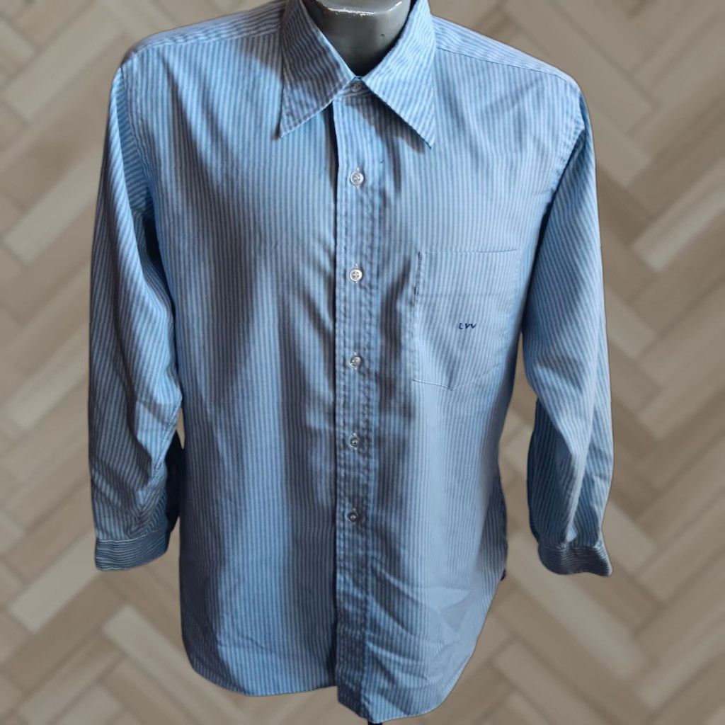 VINTAGE Shirt Brokers 70s Dress Shirt Large Blue Striped Embroidered Monogram Long Sleeve Mens