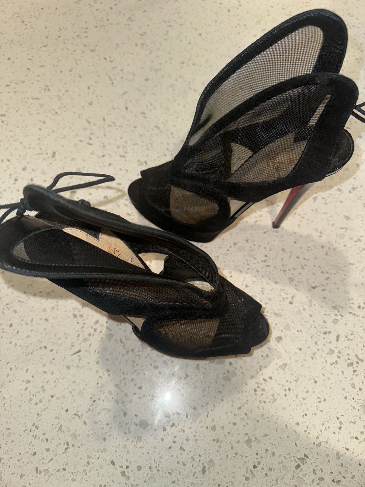 Christian Louboutin Elegance in Black: Mesh Stilettos with Iconic Red Soles Size US 7.5 / IT 37.5 - 7 Thumbnail