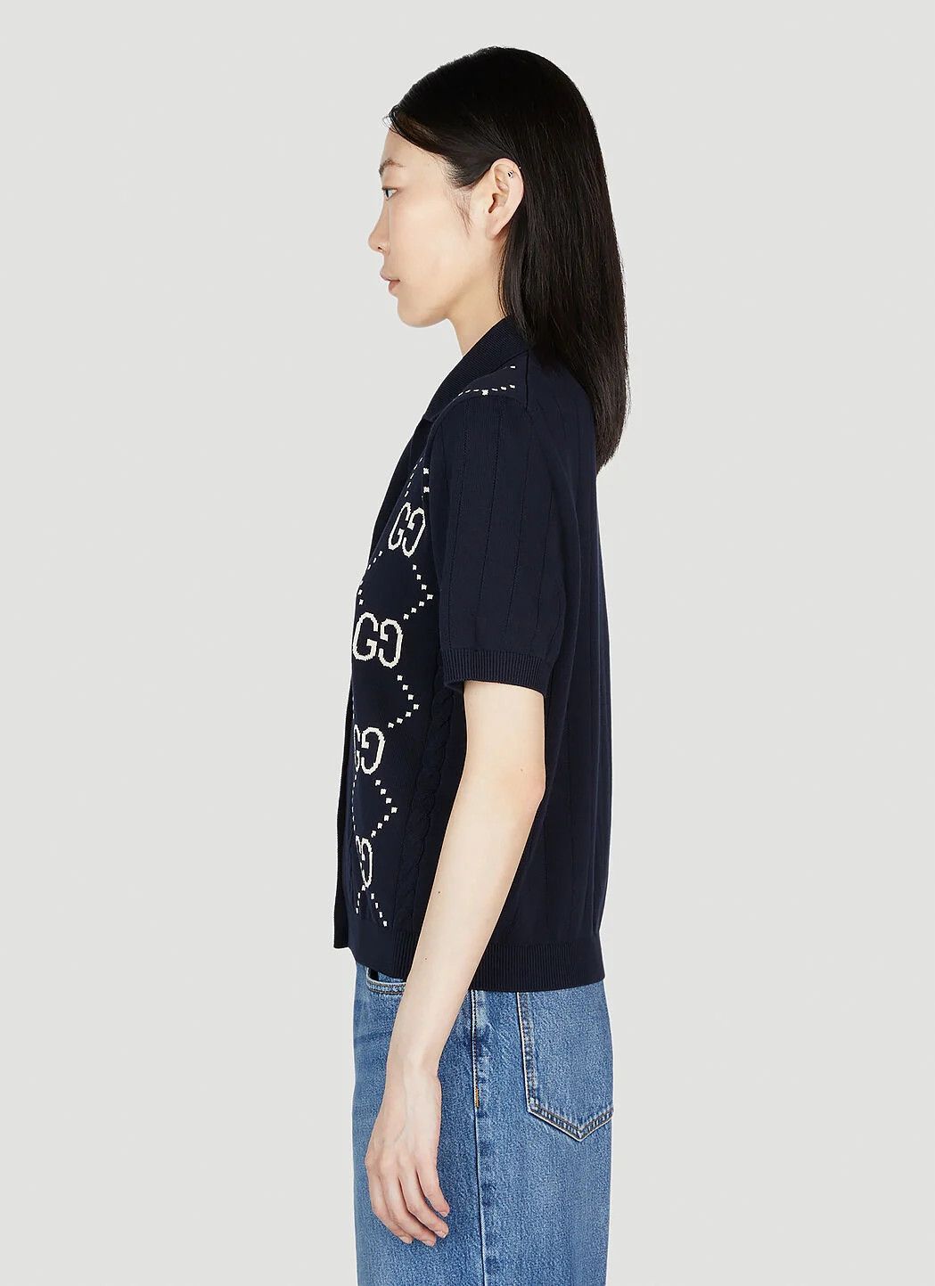 Gucci o1la5ras0526 Cotton Cardigan With GG Intarsia in Blue Size XS / US 0-2 / IT 36-38 - 3 Thumbnail
