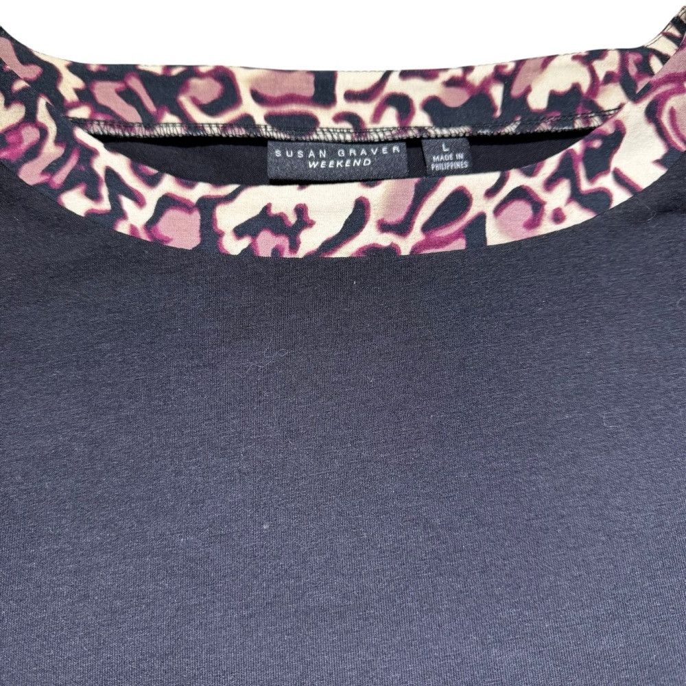 Other Susan Graver Weekend Black Animal Print Trim 3/4 Sleeve Top Size L / US 10 / IT 46 - 6 Thumbnail