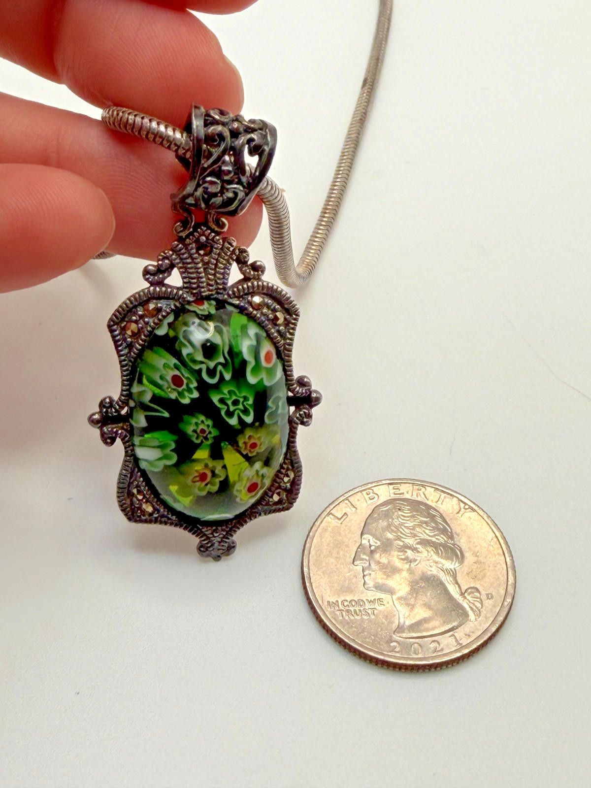 The Unbranded Brand Sterling Silver Millefiori Glass Pendant Necklace Heavy Size ONE SIZE - 2 Thumbnail