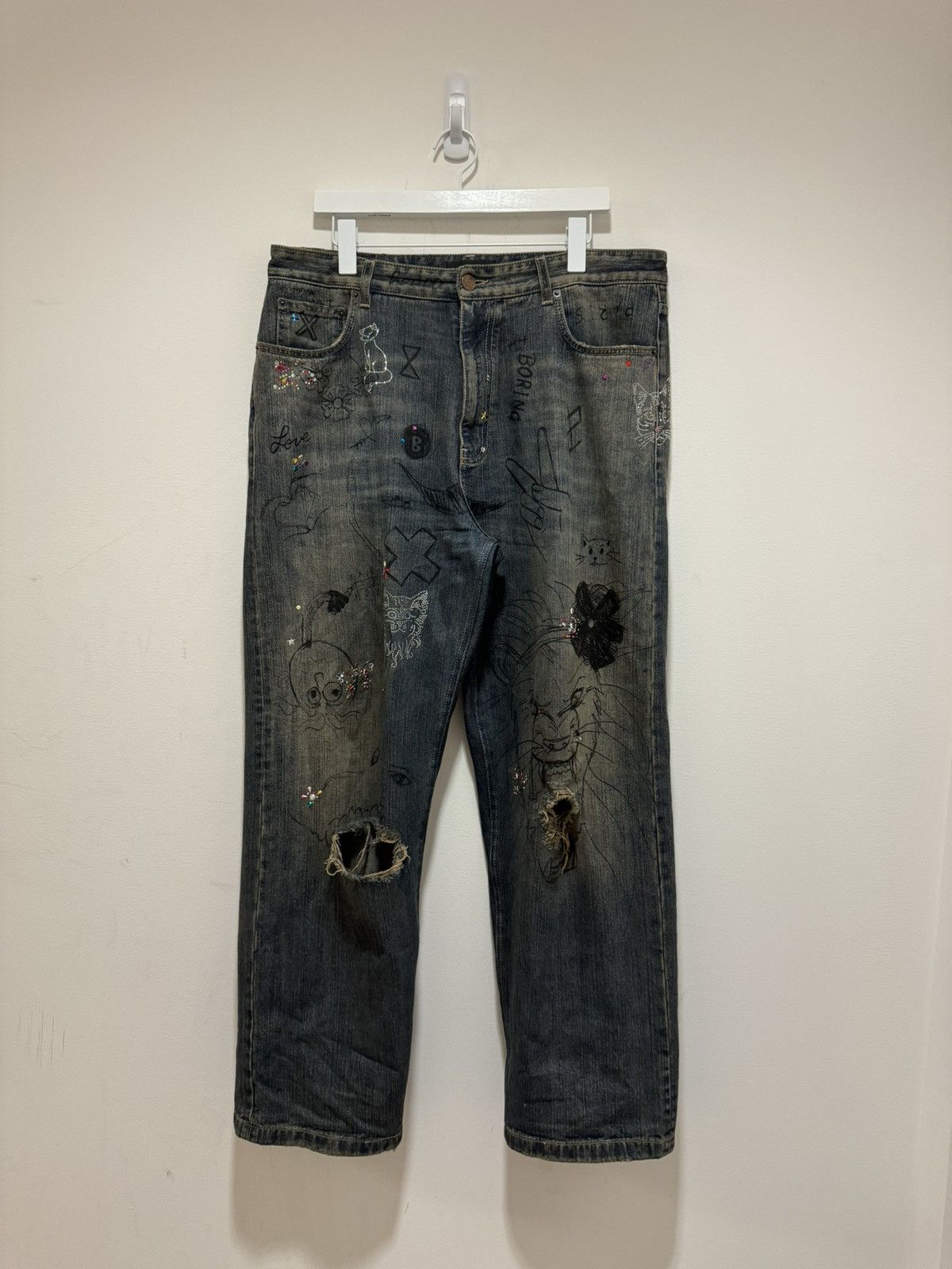 image of Balenciaga Rhinestone Scribble Baggy Denim 2022 Fall/winter in Blue, Men's (Size 34)