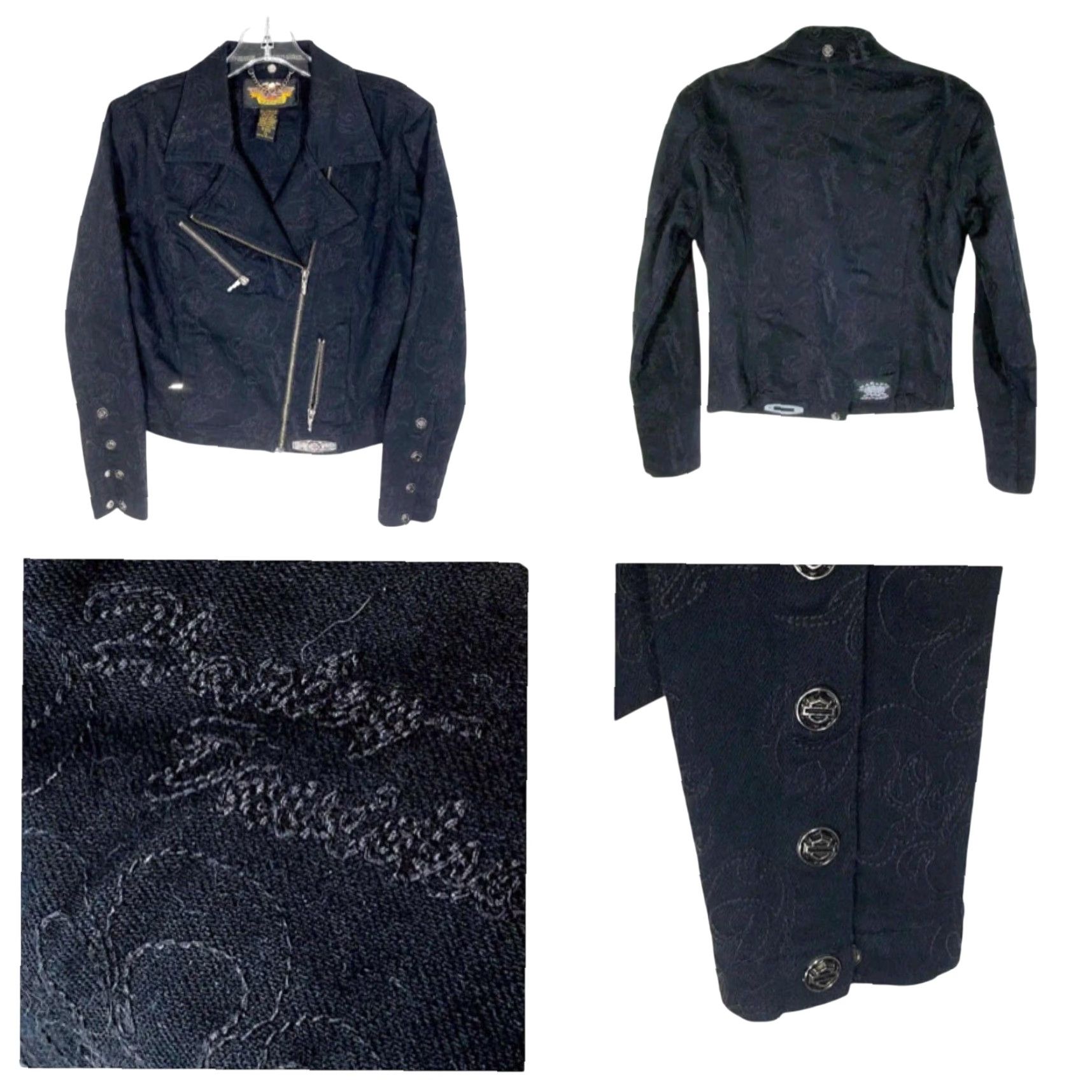 Harley Davidson VINTAGE Harley Davidson Jacket Women XS Black Denim Biker Grunge Embroidered Zipper Slip-On Short Sleeve? Size XS / US 0-2 / IT 36-38 - 2 Thumbnail