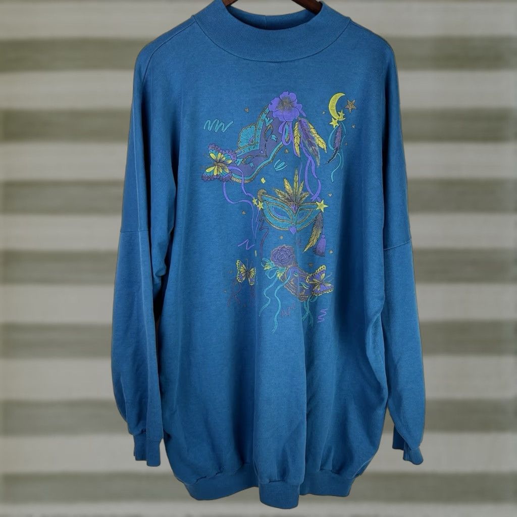 Vintage VINTAGE PFI Sweater Womens 3XL Teal Crewneck Sweatshirt 90s Y2K Mardi Gras Mask USA Size XXL / US 16-18 / IT 52-54 - 1 Thumbnail