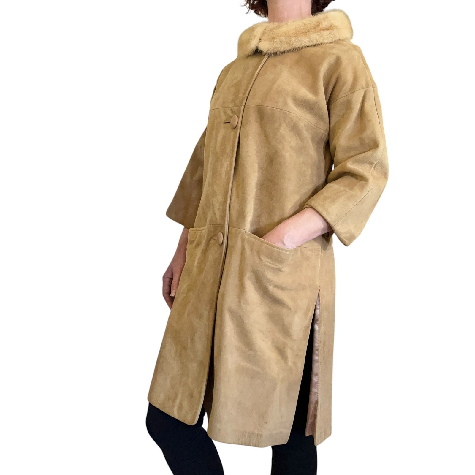 Vintage Vintage Suede Leather Coat Palomino Blonde Mink Fur Collar Size S / US 4 / IT 40 - 2 Thumbnail