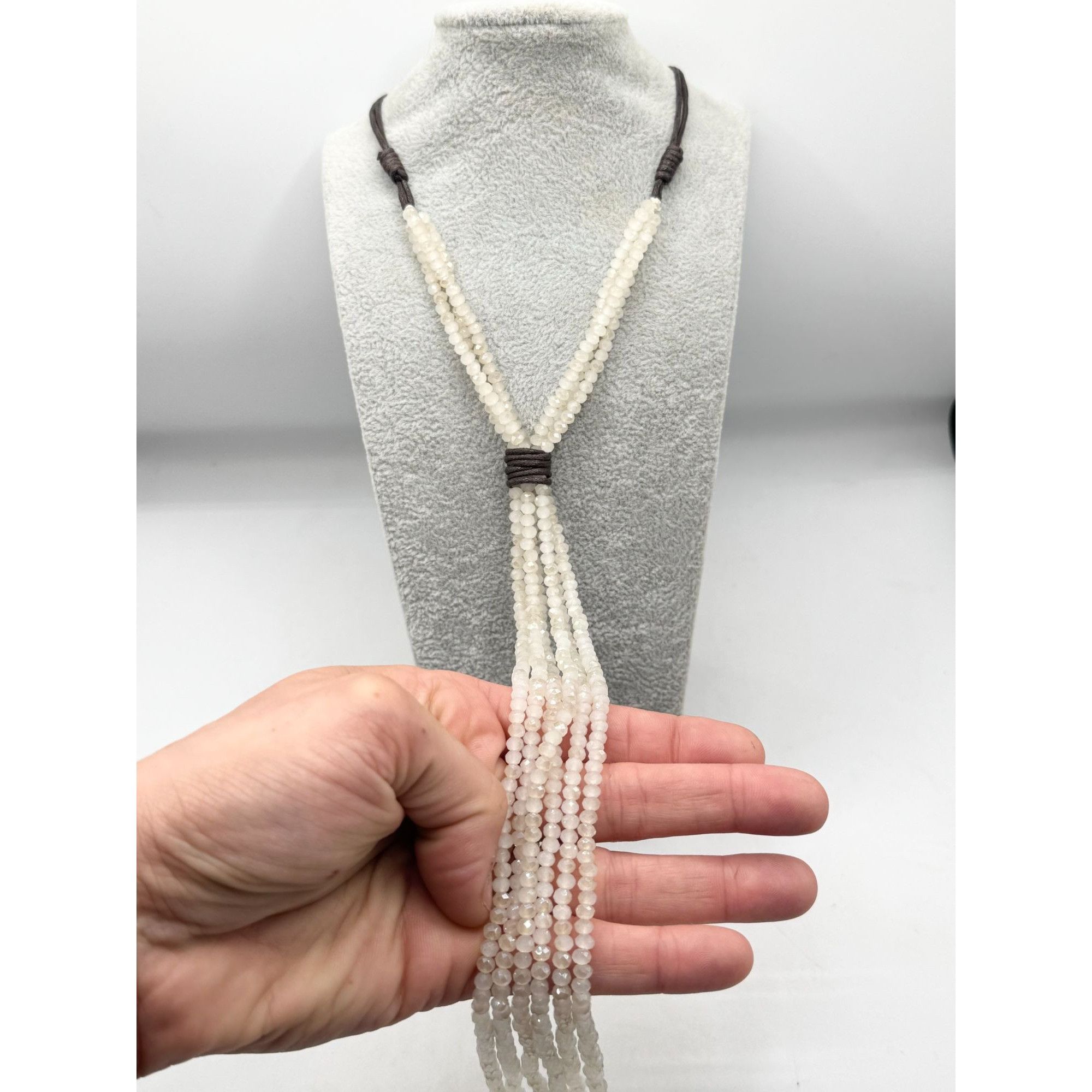 Vintage White Crystal Beaded Tassel Leather Necklace Size ONE SIZE - 3 Thumbnail