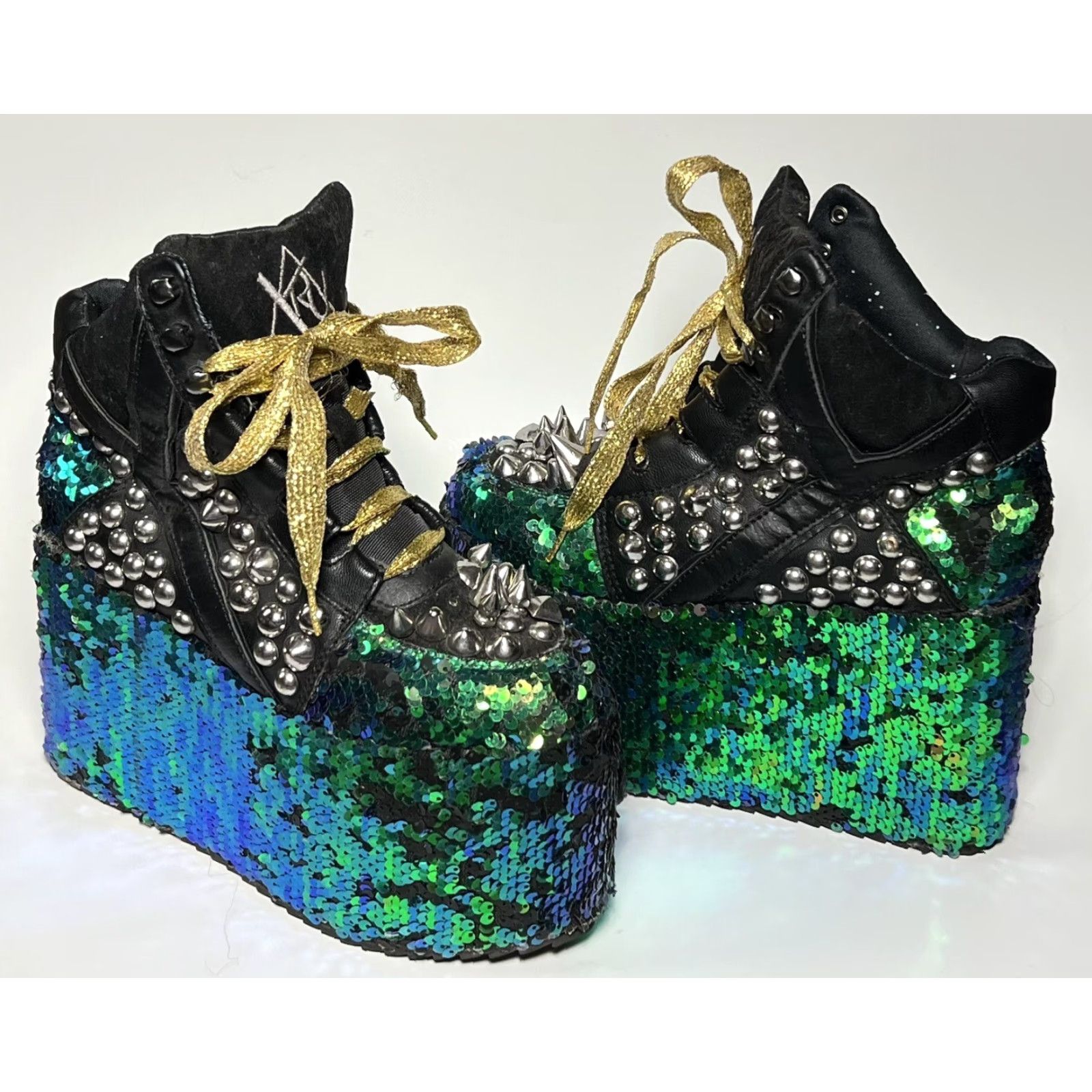 Vintage YRU Qozmo High Top Platform Boots Women's 7 Black Blue Green Sequin Studded Punk Gothic 80s Size M / US 6-8 / IT 42-44 - 2 Thumbnail
