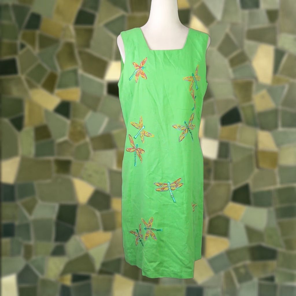 VINTAGE Betsy Lauren Green Linen Dragonfly Embroidered Mini Dress 8P - Sleeveless Square Neck 90s Womens Petite Short Dress