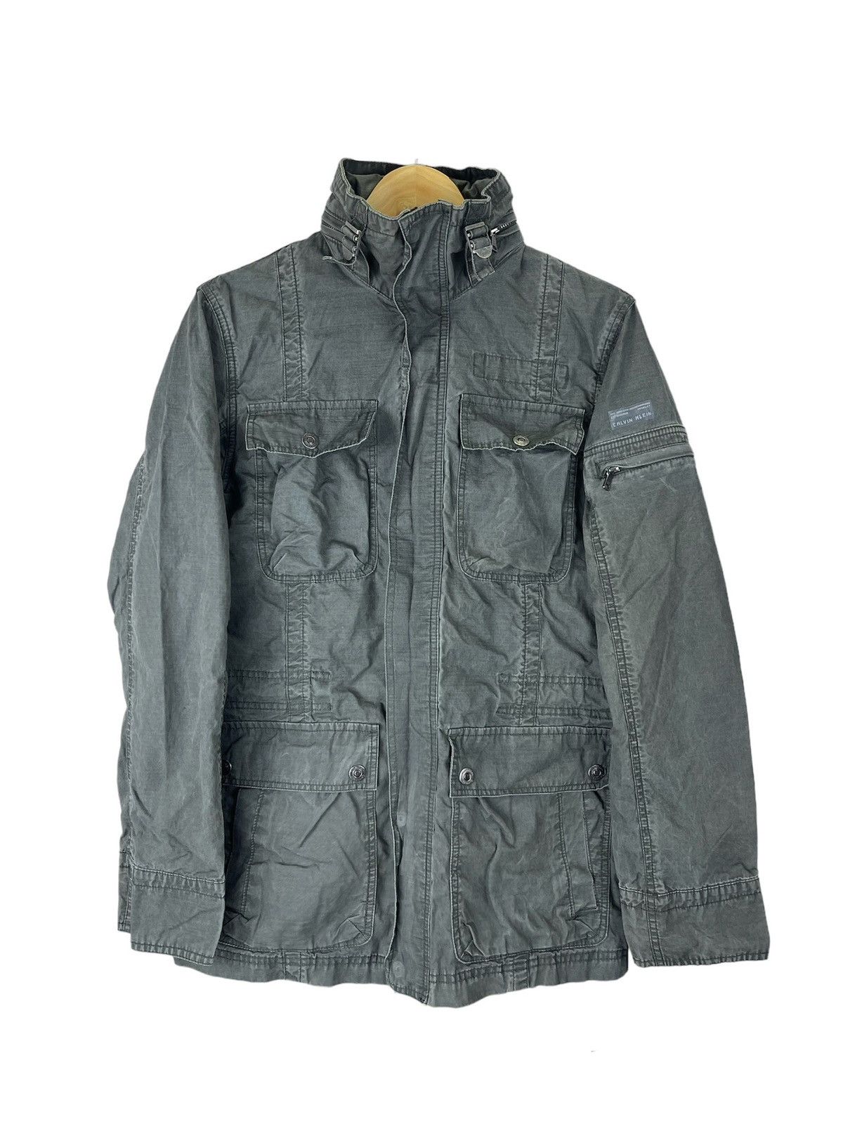 image of VTG Calvin Klein Garment Wash Multipocket Hide Hoodie Jacket in Dark Olive, Men's (Size Medium)