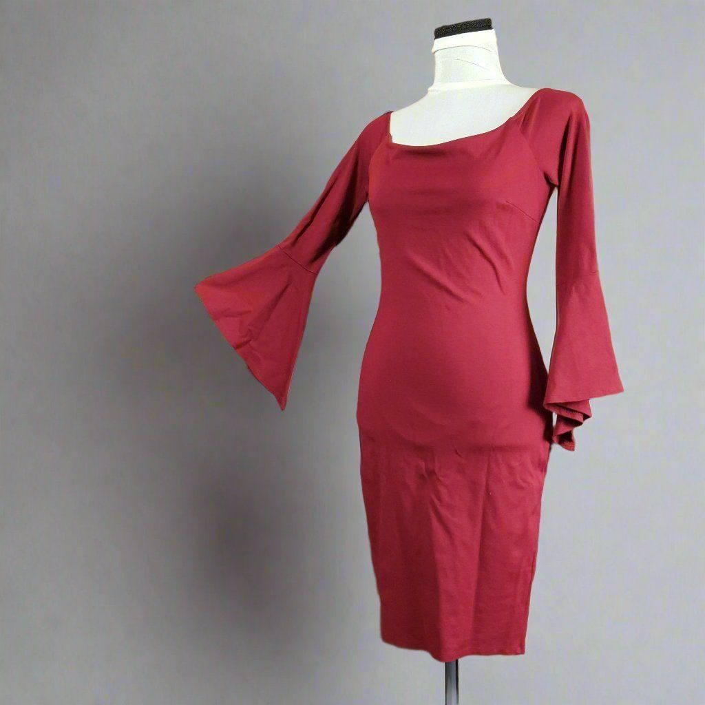 Designer JUST ME Size Medium Flare Sleeve Burgundy Dress Size M / US 6-8 / IT 42-44 - 2 Thumbnail
