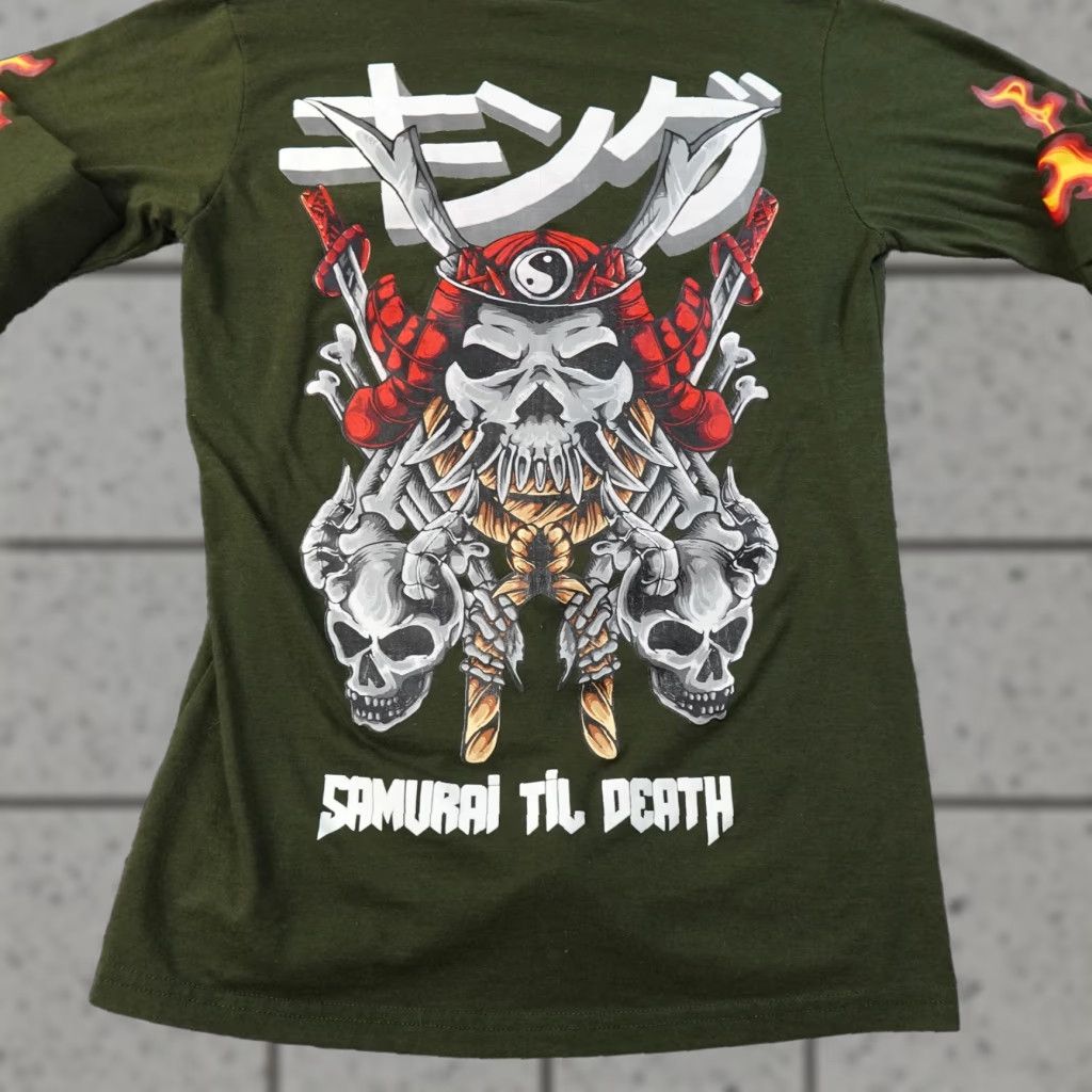 Vintage Samurai Shirt Mens S Green Skull Flames Long Sleeve Graphic Tee Grunge Y2K Shirt Mens S Green Skull Flames Long Sleeve Graphic Tee Size US S / EU 44-46 / 1 - 1 Thumbnail