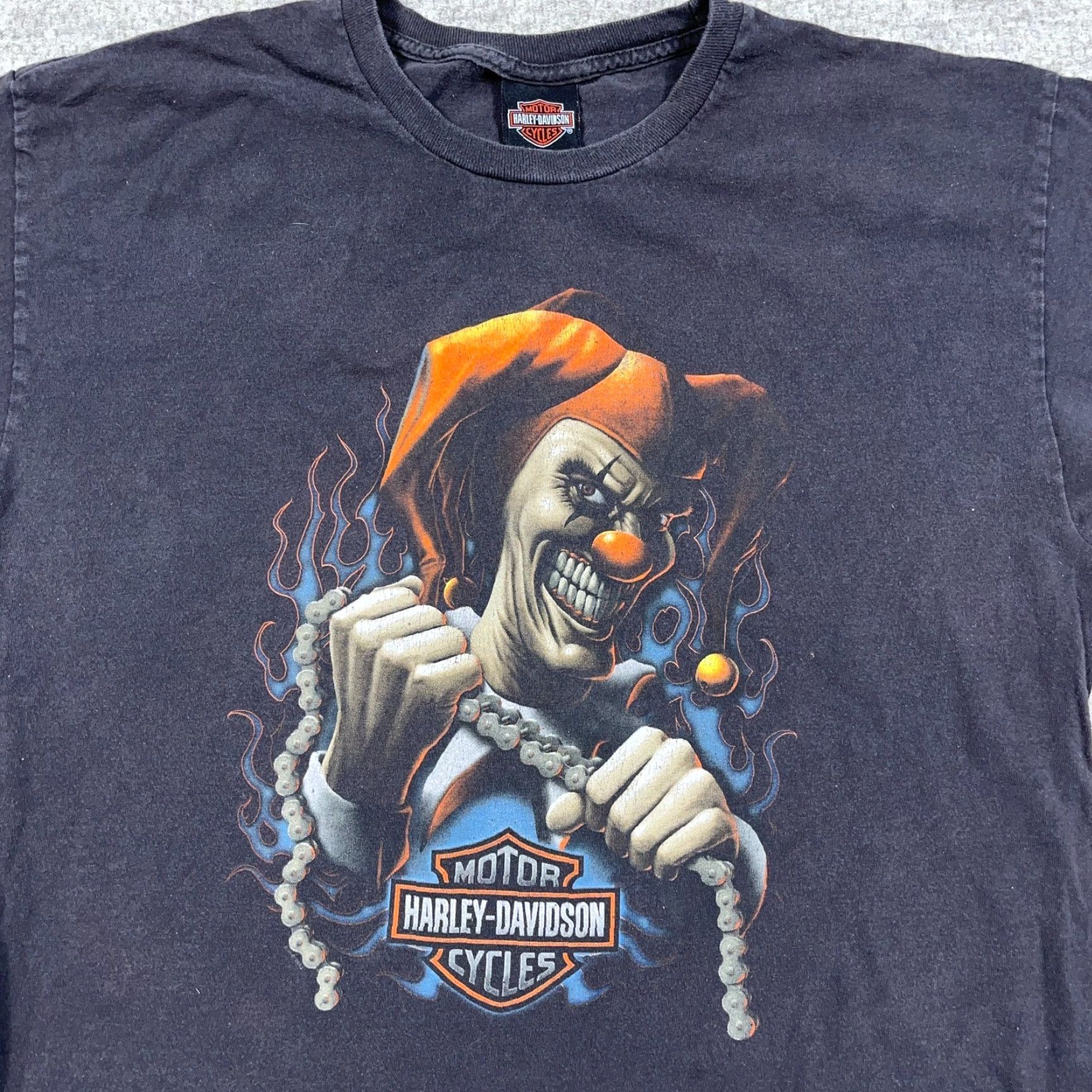 Harley Davidson VINTAGE Harley-Davidson Shirt Men L Black Graphic Print Joker Clown Flames 80s Biker Grunge Retro Skull Harley-Davidson T-Shirt Mens Large Black Fire Size US L / EU 52-54 / 3 - 7 Thumbnail