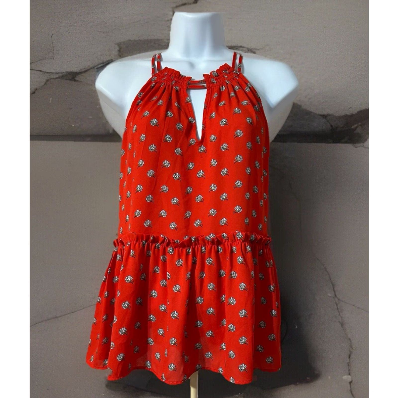 Loft VINTAGE LOFT Peplum Halter Top Blouse XS Red Floral Sleeveless Keyholes Poly Size XS / US 0-2 / IT 36-38 - 7 Thumbnail