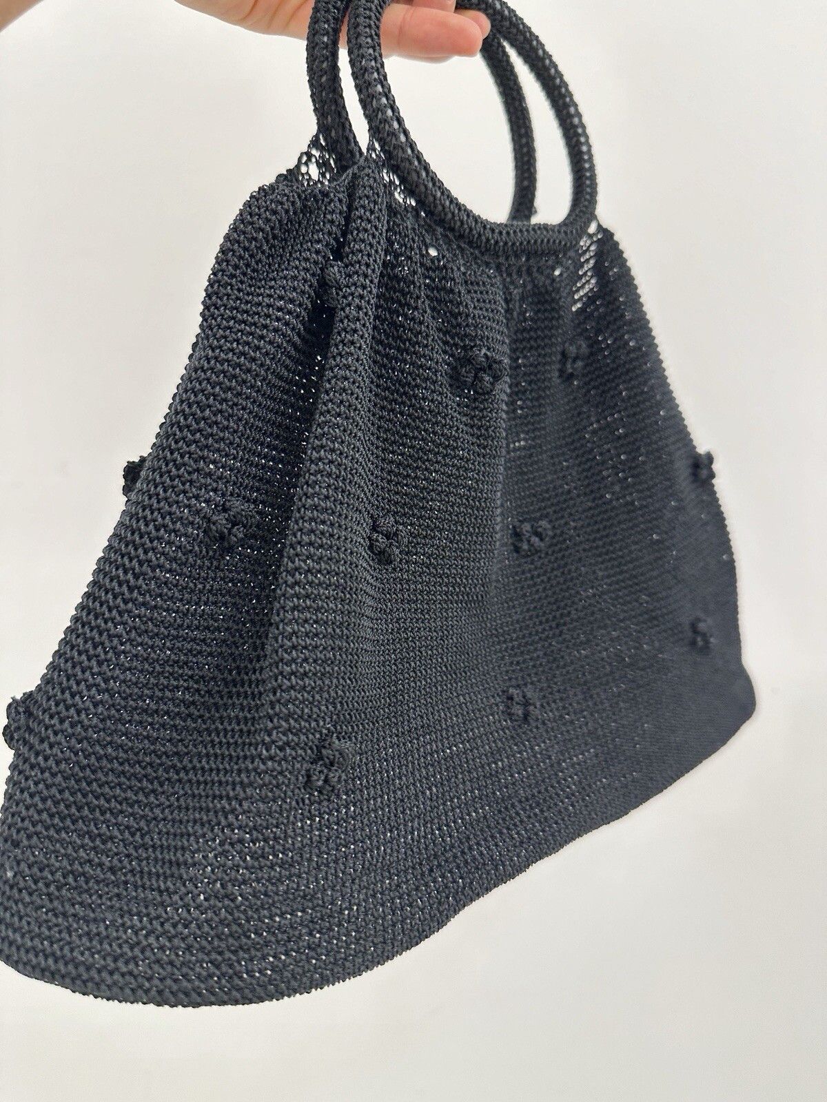 Handmade Hand Made Knit Hand Bag Black Crochet Flowers Size ONE SIZE - 1 Thumbnail