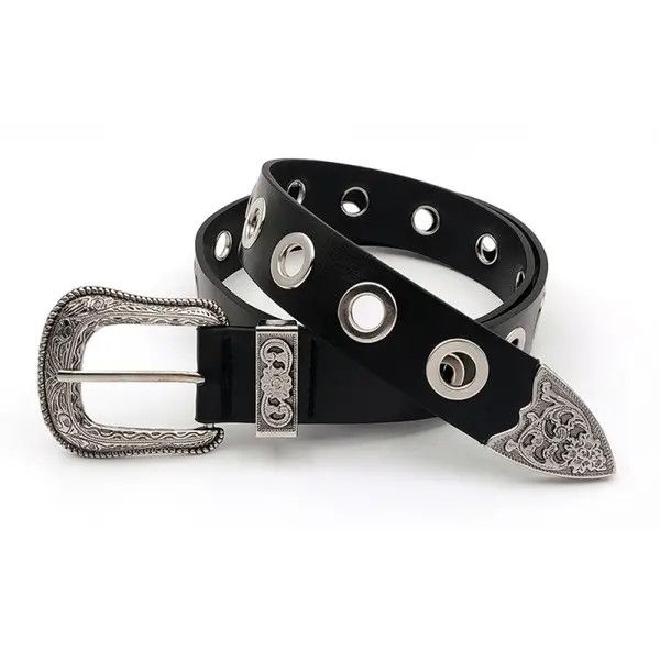Other Black Leather Eyelet Belt with Decorative Buckle Size ONE SIZE - 1 Thumbnail